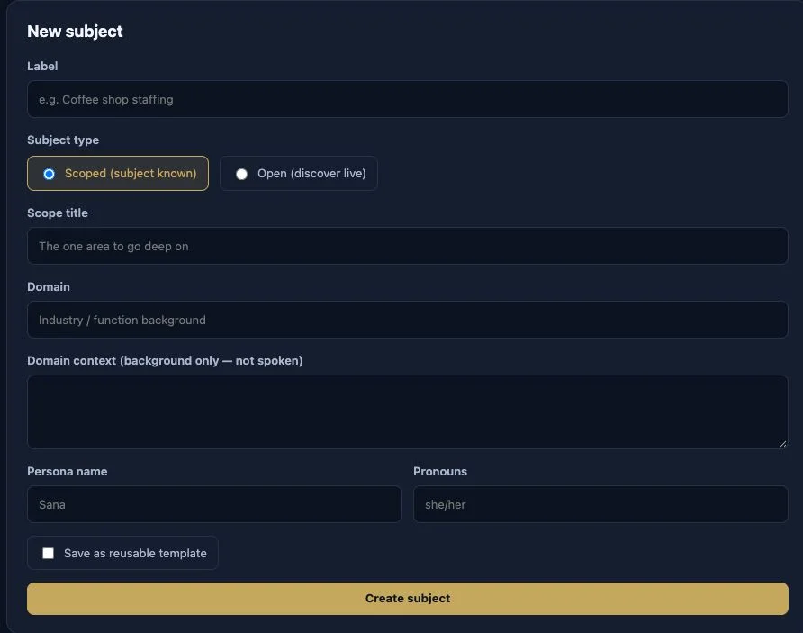 AI Business Analyst’s empty New subject form shows scoped or open subjects, domain context and a reusable template option. No subject has been created.