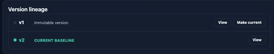 AI Business Analyst’s version lineage controls show an earlier immutable version and the current baseline. Only the version controls are shown.