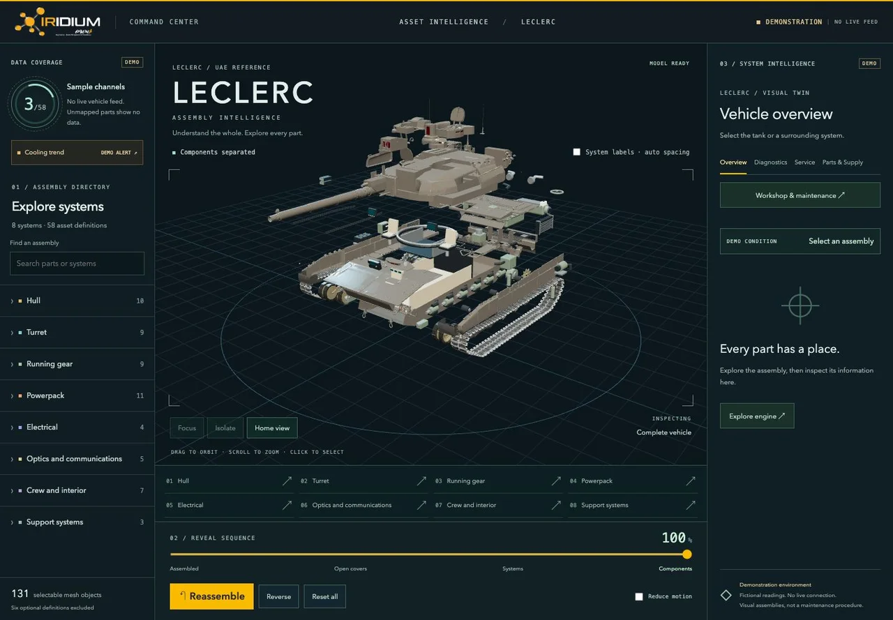 The live demonstrator separates vehicle systems and components in an interactive 3D exploded view. Sample information is labelled as demonstration data.