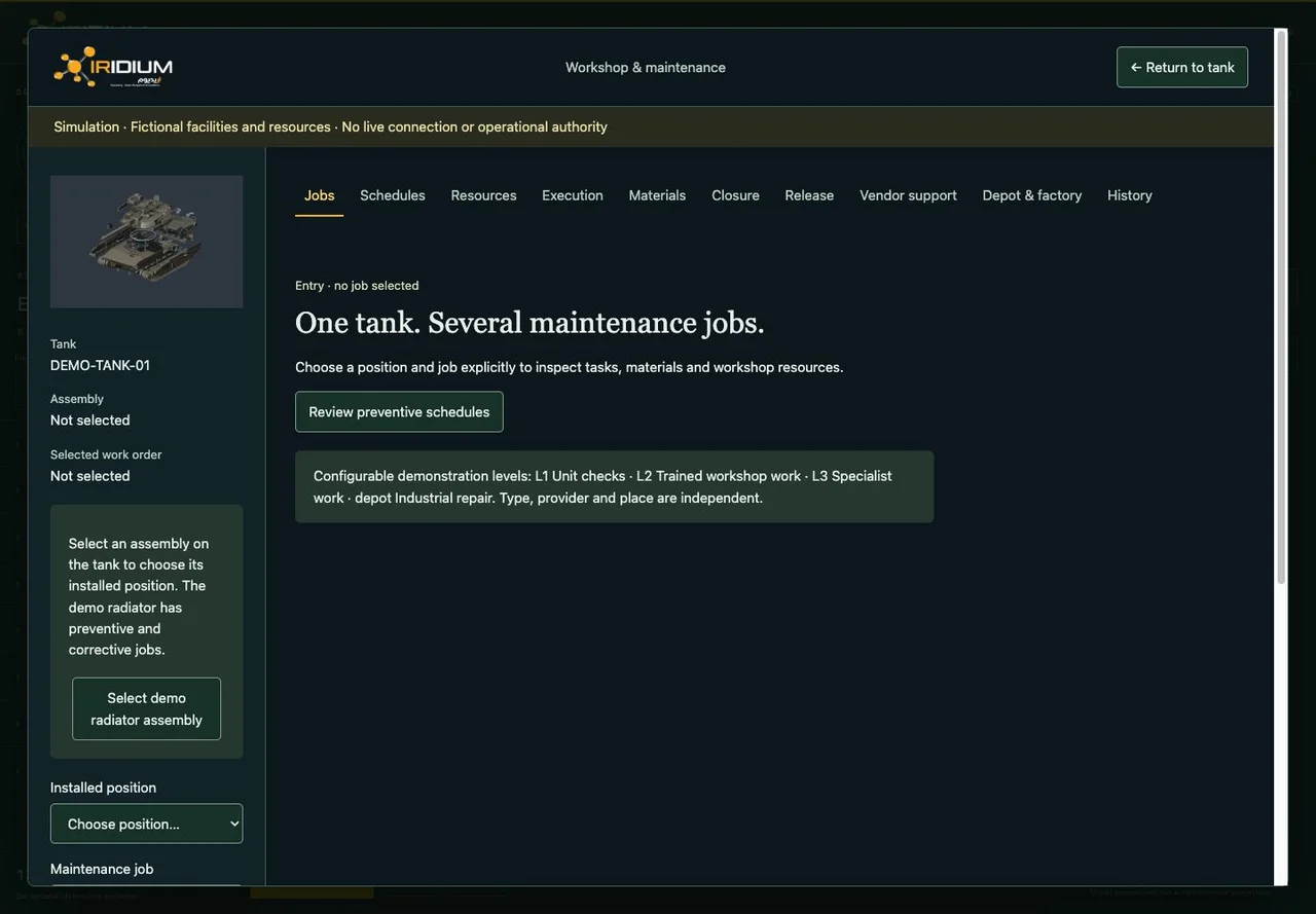 The demonstrator workshop screen shows jobs, schedules, resources, materials, vendor support and depot repair views, labelled as a simulation.