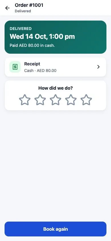 The laundry completion screen, rendered locally against fictional API responses, shows a delivered demonstration order, AED 80 paid in cash and a receipt link.