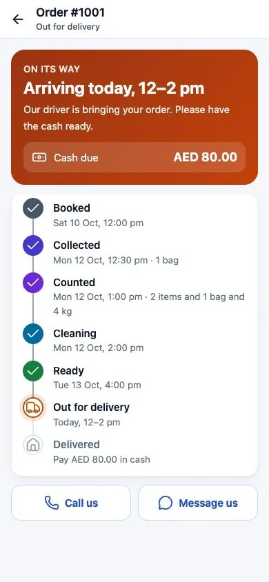 The laundry delivery screen, rendered locally against fictional API responses, shows a demonstration order out for delivery with AED 80 cash due and no driver identity.
