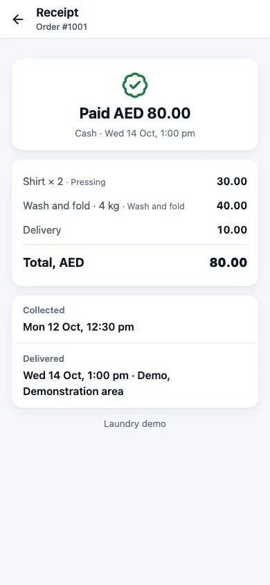 The laundry receipt screen, rendered locally against fictional API responses, itemizes a demonstration cash payment: AED 30 pressing, AED 40 wash-and-fold and AED 10 delivery, totaling AED 80.
