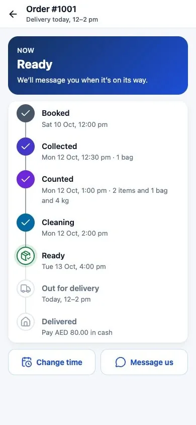 The laundry tracking screen, rendered locally against fictional API responses, shows a demonstration order at Ready, its seven-step timeline and the cash amount due.