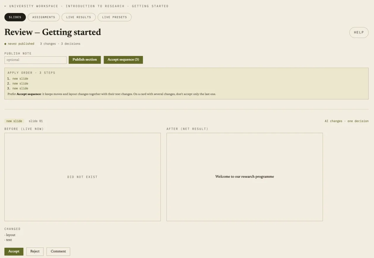 SoulDeck's review screen shows three AI-proposed slides in a fictional university demonstration deck, with Accept, Reject and Comment controls for the person deciding.