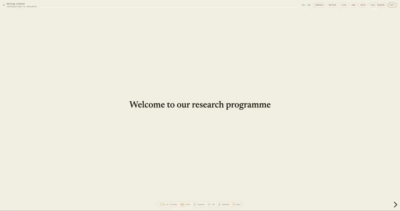 SoulDeck's presentation view displays “Welcome to our research programme” from a fictional teaching demonstration deck, with presentation controls.