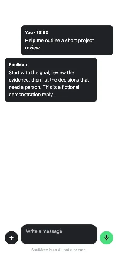 SoulMate's own chat screen, rendered in a browser with fictional demonstration messages, shows a project-review prompt and scripted reply; the product is in private preview, by invitation.