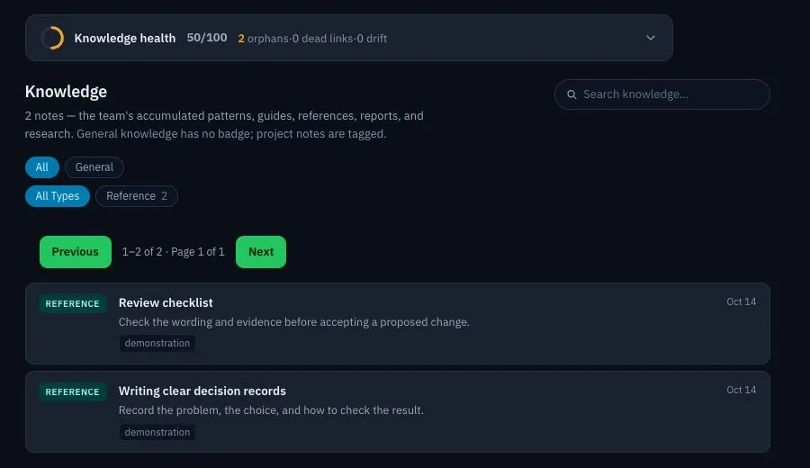 TeamSoul's knowledge screen lists two fictional demonstration notes, with search and filters for scope and note type.